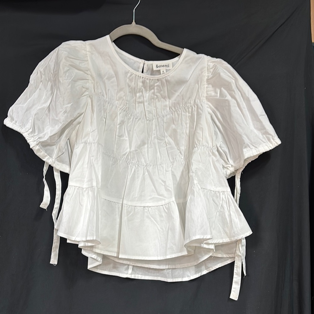 White Ruffled Puff Sleeve Blouse with Bib Collar